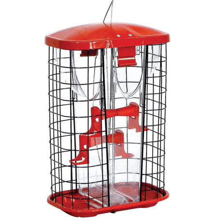 Jumbo Squirrel Resistant Hopper Feeder with clear glass, red wire cage, and four feeding ports. Secure snap-on lid, large capacity, and easy refill design.