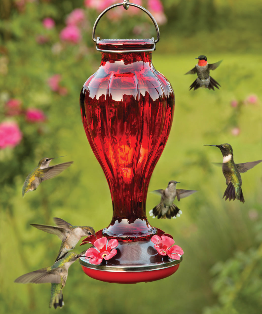 Blossom Hummingbird Feeder with red glass bottle, four flower-shaped feeding ports, and metal base, surrounded by hummingbirds in flight.