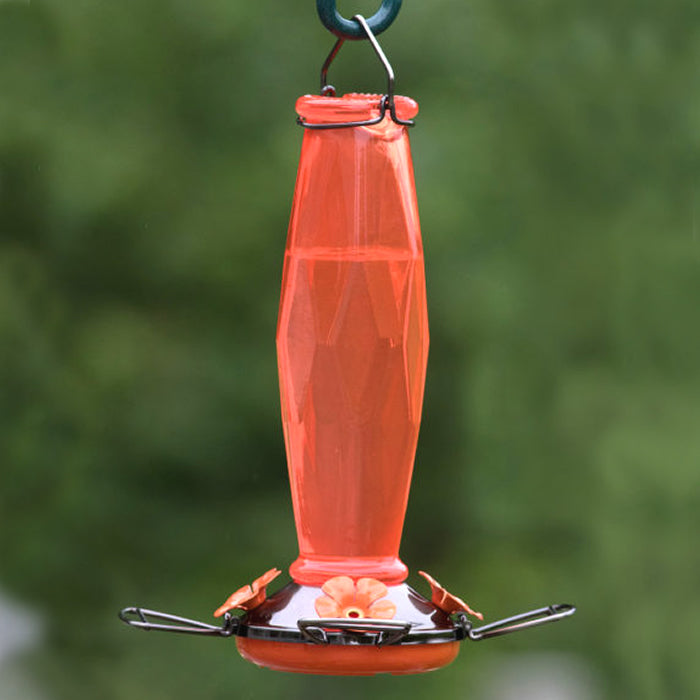 Prism Glass Oriole Nectar Feeder with orange flower-shaped feeding ports, comfortable perches, and a translucent glass reservoir for monitoring nectar levels.