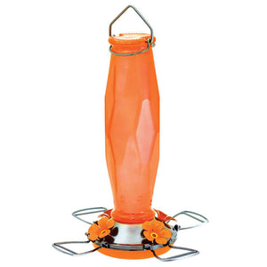 Prism Glass Oriole Nectar Feeder with an orange glass reservoir, flower-shaped feeding ports, and elongated perches. Includes a metal hanger for easy tree or bracket mounting.