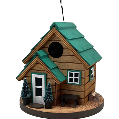 Cedar Point Cottage House birdhouse with tree design, featuring a 1-1/8 inch entry, drainage, ventilation, and hanging wire, ideal for attracting small birds.