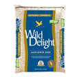 Wild Delight Safflower Seed, 8-lb bag, shown in clear packaging, ideal for attracting cardinals and grosbeaks while deterring squirrels, perfect for various bird feeders.