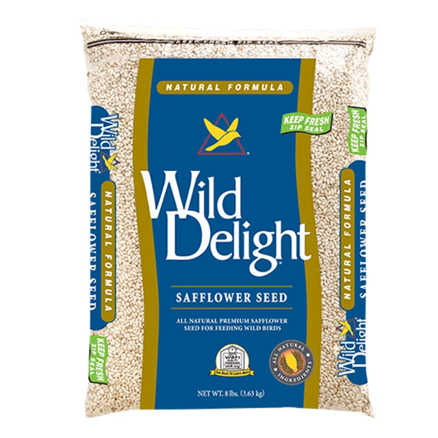 Wild Delight Safflower Seed, 8-lb bag, shown in clear packaging, ideal for attracting cardinals and grosbeaks while deterring squirrels, perfect for various bird feeders.