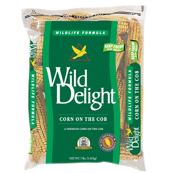 Wild Delight Corn on the Cob, a bag of dried corn cobs, packaged to attract squirrels and other wildlife, reducing bird feeder theft.