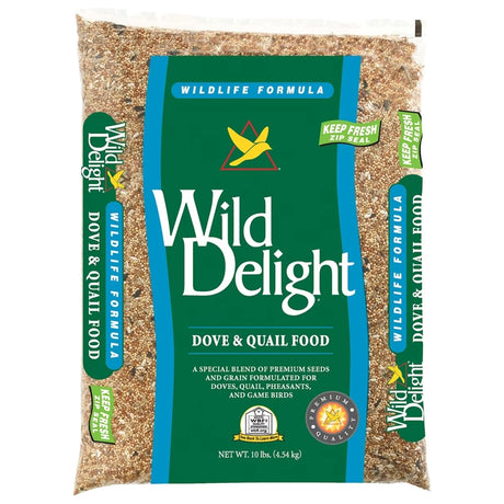 Wild Delight Dove & Quail Food Wild Bird Seed, 10-lb bag, labeled seed mix for attracting doves, quail, and other birds.