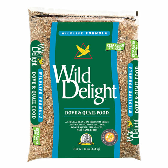 Wild Delight Dove & Quail Food Wild Bird Seed, 10-lb bag, labeled seed mix for attracting doves, quail, and other birds.