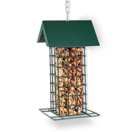 Wild Delight Seed Block Feeder: Dark green metal wire cage with peaked roof, holding a suet-style nut log, features metal hanging chain and wraparound perch for easy bird feeding.