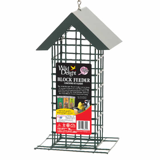 Wild Delight Seed Block Feeder: A bird feeder with wire caging, roof for weather protection, and metal hanging chain, suitable for woodpeckers and easy refilling.