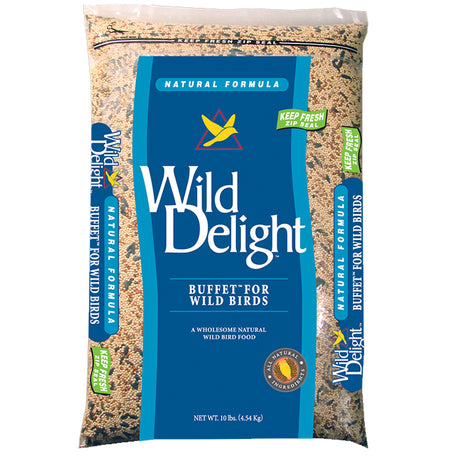 Wild Delight Buffet Wild Bird Seed, 10-lb bag, premium mix with millet, sunflower seeds, milo, attracting sparrows and buntings, visible label on the bag.