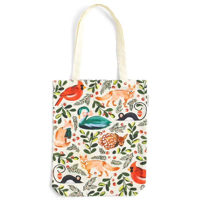 Woodland Animals Tote: A sturdy cotton canvas tote bag with a nature-inspired animal pattern, featuring an over-the-shoulder strap for convenient daily use.