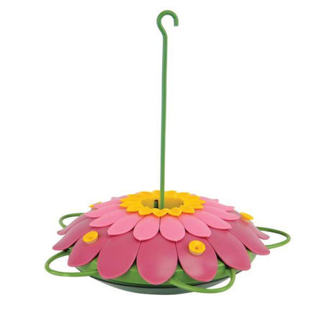 Pink So Real 3D Flower Hummingbird Feeder with lifelike pink and yellow petals, five feeding ports, raised dome cover, and built-in ant moat.