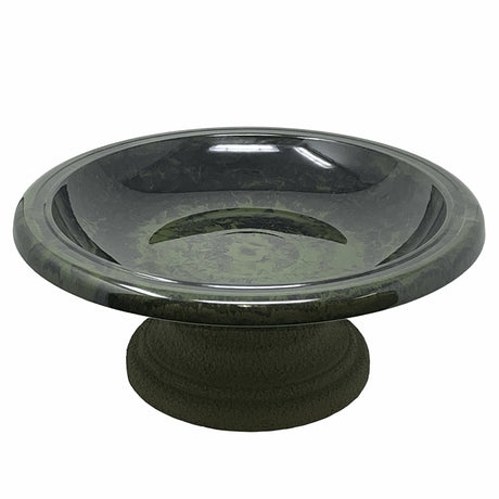 Short Hunter Green Fiber Clay Bird Bath with a 19-inch diameter and sloping basin, crafted from lightweight fiber clay for easy movement and bird viewing.
