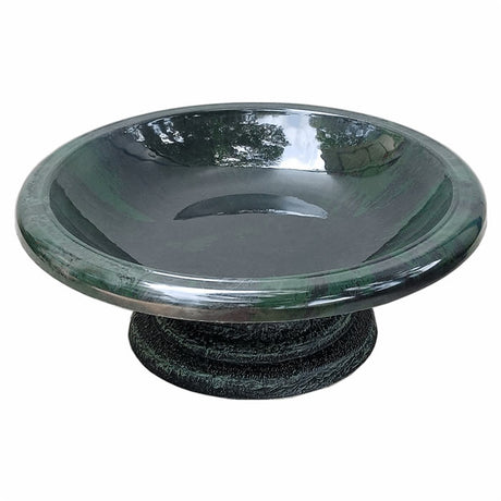 Short Hunter Green Fiber Clay Bird Bath on a stand, featuring a wide, shallow basin designed for easy viewing and minimal refilling.