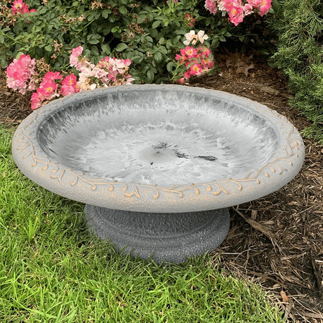 Short Sand Fiber Clay Bird Bath in garden setting, featuring a wide basin and low profile, ideal for attracting birds and easy maintenance.