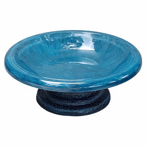 Short Navy Blue Fiber Clay Bird Bath with a wide, sloping basin on a stand, designed for easy bird viewing and refilling.