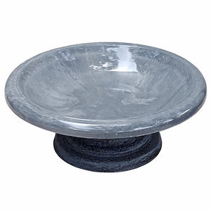 Short Cool Grey Fiber Clay Bird Bath with a black base, featuring a shallow basin for easy bird viewing. Lightweight and easy to move.