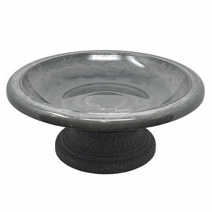 Short Cool Grey Fiber Clay Bird Bath with a black base, featuring a wide, shallow basin designed for easy bird viewing and lightweight for easy relocation.