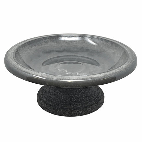 Short Cool Grey Fiber Clay Bird Bath with a black base, featuring a wide, shallow basin designed for easy bird viewing and lightweight for easy relocation.