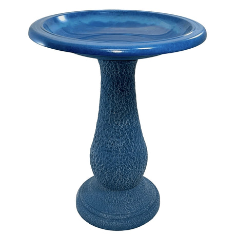 Navy Blue Fiber Clay Bird Bath with pedestal, featuring a full-sized basin for birds, lightweight and easy to move, stands 24 inches tall.