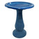 Navy Blue Fiber Clay Bird Bath with pedestal, featuring a full-sized basin for birds, lightweight and easy to move, stands 24 inches tall.