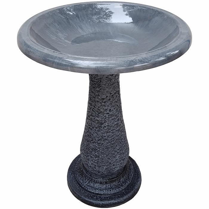 Cool Grey Fiber Clay Bird Bath with a pedestal, featuring a full-sized basin for easy bird viewing, made from lightweight fiber clay.