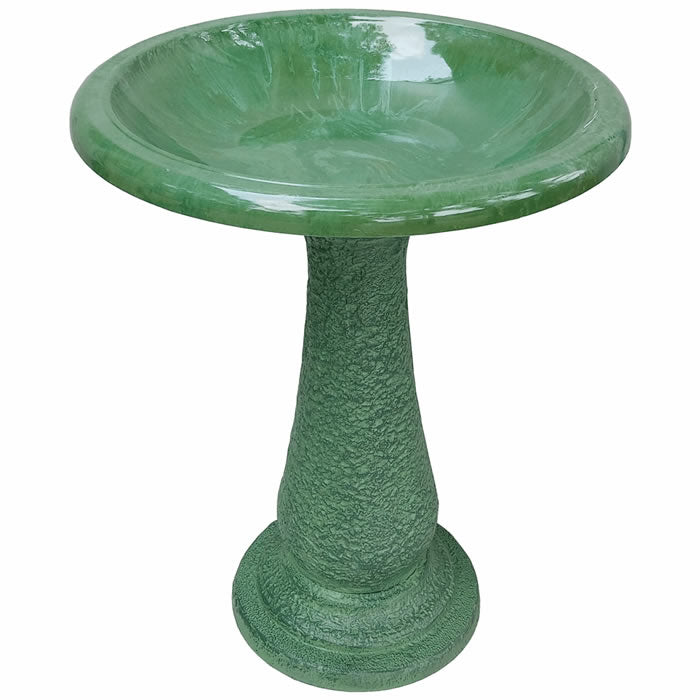 Kale Green Fiber Clay Bird Bath with a pedestal, featuring a sloping basin for easy bird viewing, lightweight and easy to move, stands 24 inches tall.