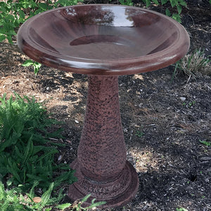 Antique Brown Fiber Clay Bird Bath with a 19-inch diameter and 24-inch tall pedestal, featuring a sloping basin for easy bird viewing.