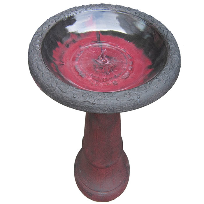 Birds & Beyond Fiber Clay Bird Bath, Red, featuring a durable, lightweight design with a smooth gloss basin and decorative edges, ideal for outdoor use.