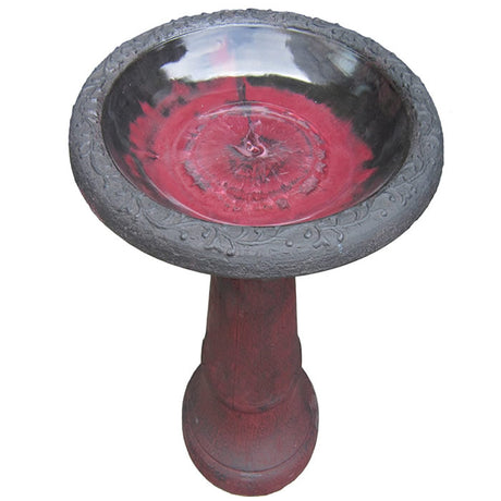 Birds & Beyond Fiber Clay Bird Bath, Red, featuring a durable, lightweight design with a smooth gloss basin and decorative edges, ideal for outdoor use.