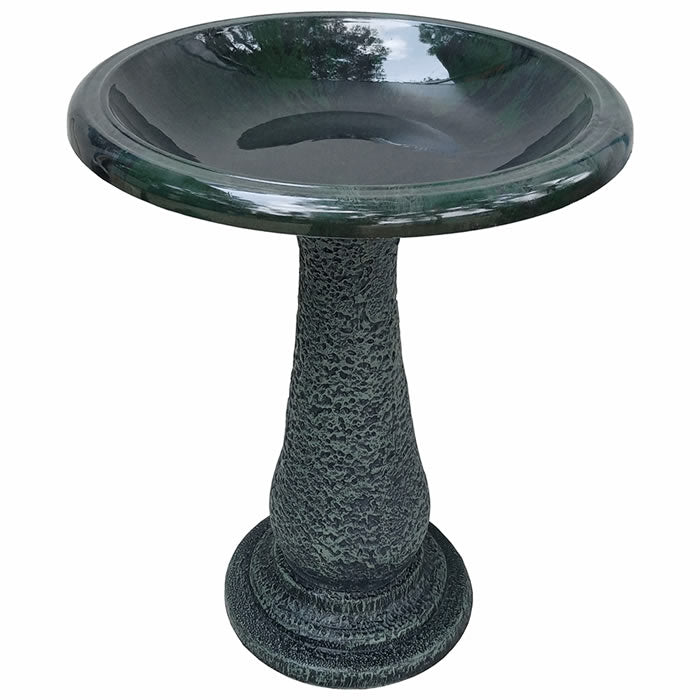 Birds & Beyond Fiber Clay Bird Bath, Hunter Green, featuring a pedestal and a full-sized basin, perfect for garden birdwatching and easy maintenance.