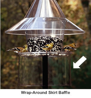 Arundale Wrap-Around Skirt Baffle attached to a bird feeder with birds perched, designed to prevent squirrels from climbing the pole and accessing bird seed.