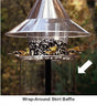 Arundale Wrap-Around Skirt Baffle attached to a bird feeder with birds perched, designed to prevent squirrels from climbing the pole and accessing bird seed.