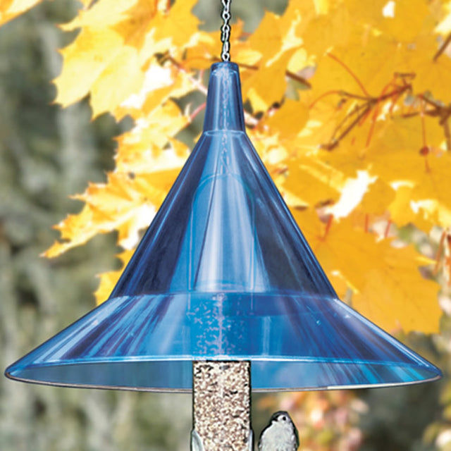 Arundale Sapphire Squirrel Baffle protecting a bird feeder with a bird perched on it, showcasing its effective squirrel-stopping hood in an outdoor setting.