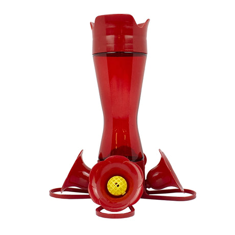 Pinch Waist Hummingbird Feeder with red reservoir, four yellow-flower feeding ports, ant moat, bee guards, and wide mouth for easy cleaning and refilling.