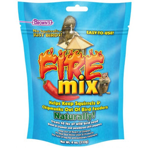 Fire Mix squirrel repellent: blue bag with text and animal images, designed to keep squirrels away from bird seed using cayenne and chili peppers.