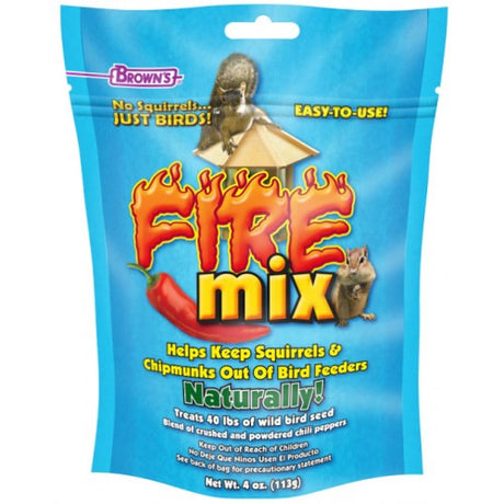 Fire Mix squirrel repellent: blue bag with text and animal images, designed to keep squirrels away from bird seed using cayenne and chili peppers.