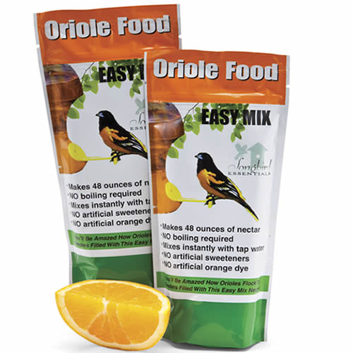 Oriole Nectar, Set of 2 packets, each 8 oz., featuring an image of food bags with birds. Easy to mix, natural orange coloring, no artificial dyes.