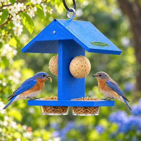Two Eastern bluebirds enjoying mealworms at a blue Duncraft hanging feeder with suet balls and a protective roof in a colorful backyard garden.