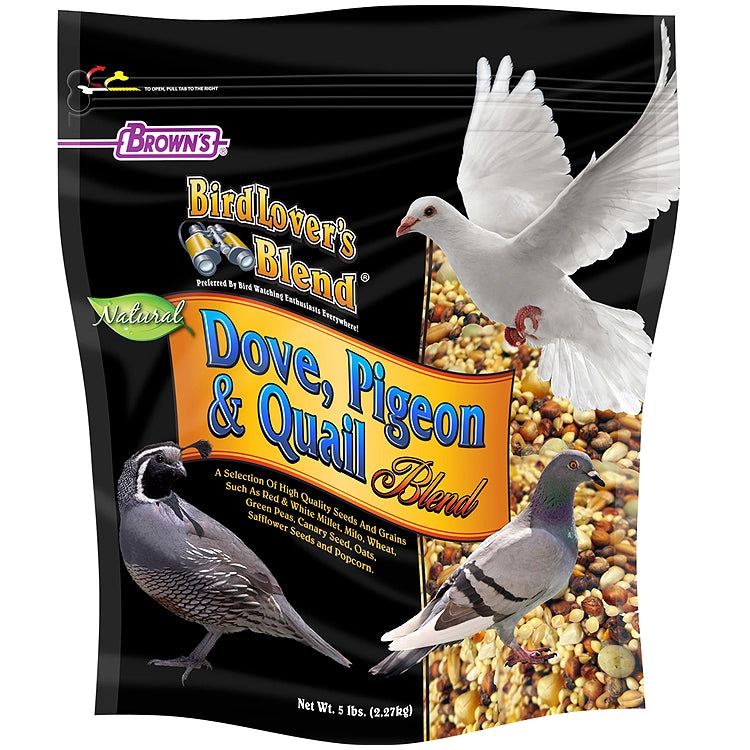 Bag of Brown's BirdLover's Blend with images of doves, pigeons, and quails on a black background.