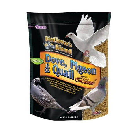 Brown's Bird Lover’s Blend Dove Pigeon & Quail Blend Wild Bird Seed, 5-lb bag, featuring a mix of seeds for attracting pigeons, doves, and quail.