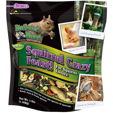 Brown's Bird Lover’s Blend® Squirrel Crazy Feast, 3-lb bag, showcasing a variety of nuts and seeds, designed to attract squirrels and other wildlife.