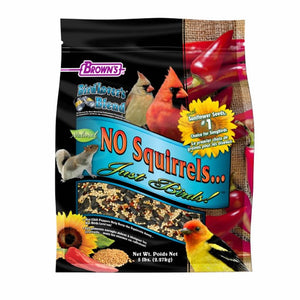 Brown's No Squirrels…Just Birds!™ Sunflower Wild Bird Seed, 5-lb bag, featuring a mix of seeds with chili flakes to deter squirrels.