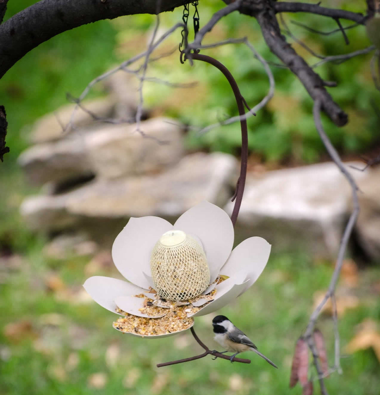 Single Magnolia Bird Feeder with a bird perched on it, showing stylized magnolia petals and rust-colored branch for extra perching space.