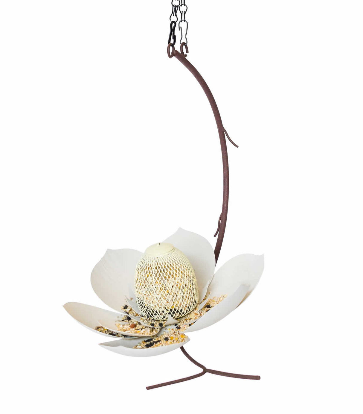 Single Magnolia Bird Feeder with metal magnolia petals, bird seed holder, rust-colored branch perch, and hanging cable for year-round outdoor use.