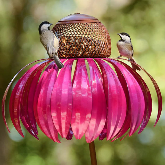 Sensation Pink Coneflower Bird Feeder with two birds perched, featuring vibrant pink petals, metal mesh for seeds, and a durable galvanized steel structure.