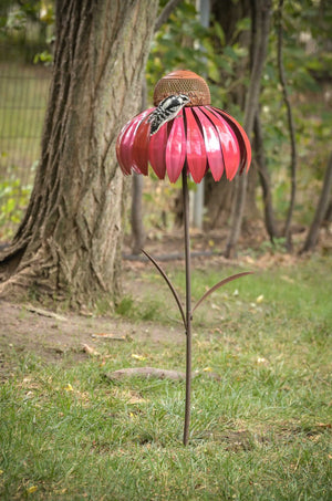 Sensation Pink Coneflower Bird Feeder featuring a vibrant flower design with a bird perched on top, made of durable galvanized steel, ideal for backyard bird watching.