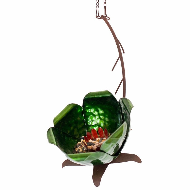 Tulip Tree Blossom Bird Feeder: Green flower-shaped design with durable galvanized steel, shiny patina, and space for various birds to perch and feed.