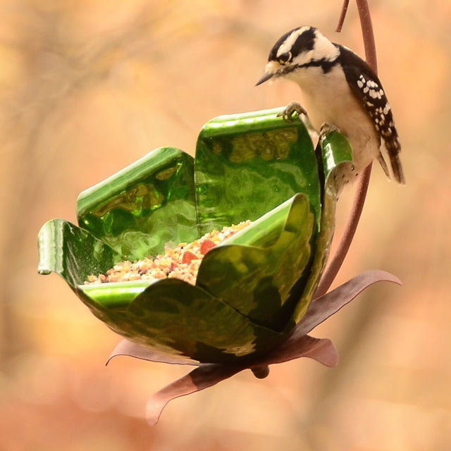 Tulip Tree Blossom Bird Feeder with a woodpecker perched on top, featuring green, flower-shaped petals and a durable galvanized steel design.