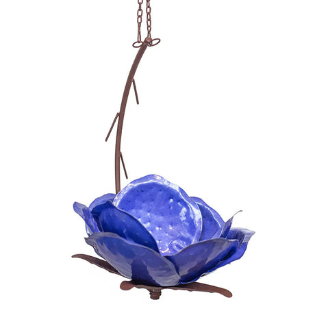 Mystic Merlin Bird Feeder with handcrafted steel, blue flower design, and ample perching space for birds. Durable, rust-proof, and easy to refill.