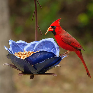 Mystic Merlin Bird Feeder with flower-shaped perches, handcrafted steel, hanging design. A red bird with a worm in its beak is perched on it.